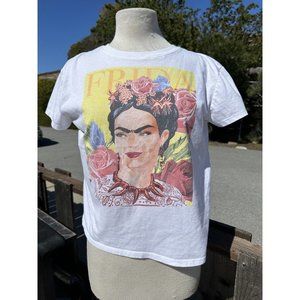 Frida Kahls Shirt Medium White Face  Floral Graphic Spell out Short Sleeve Women